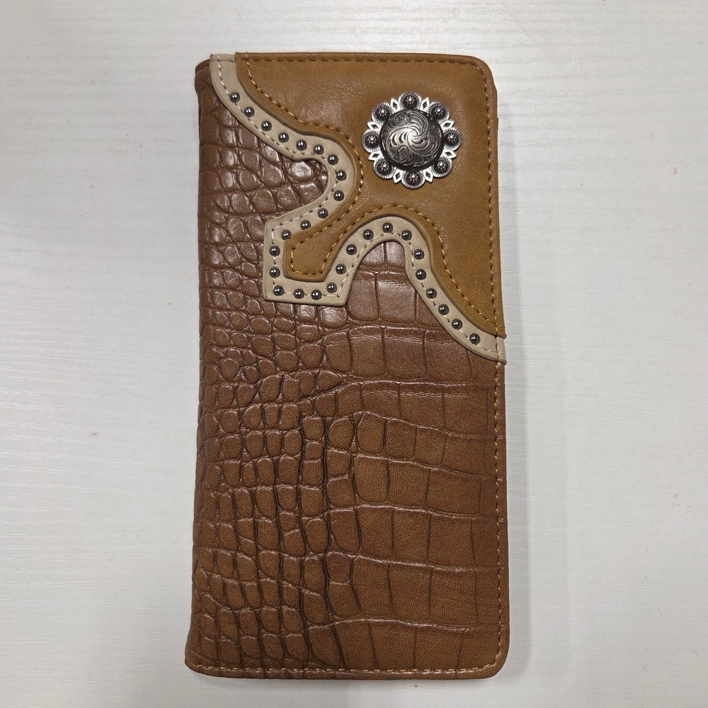 Montana West Men Western Brown Crocodile Embossed Long Wallet Studded Concho NEW